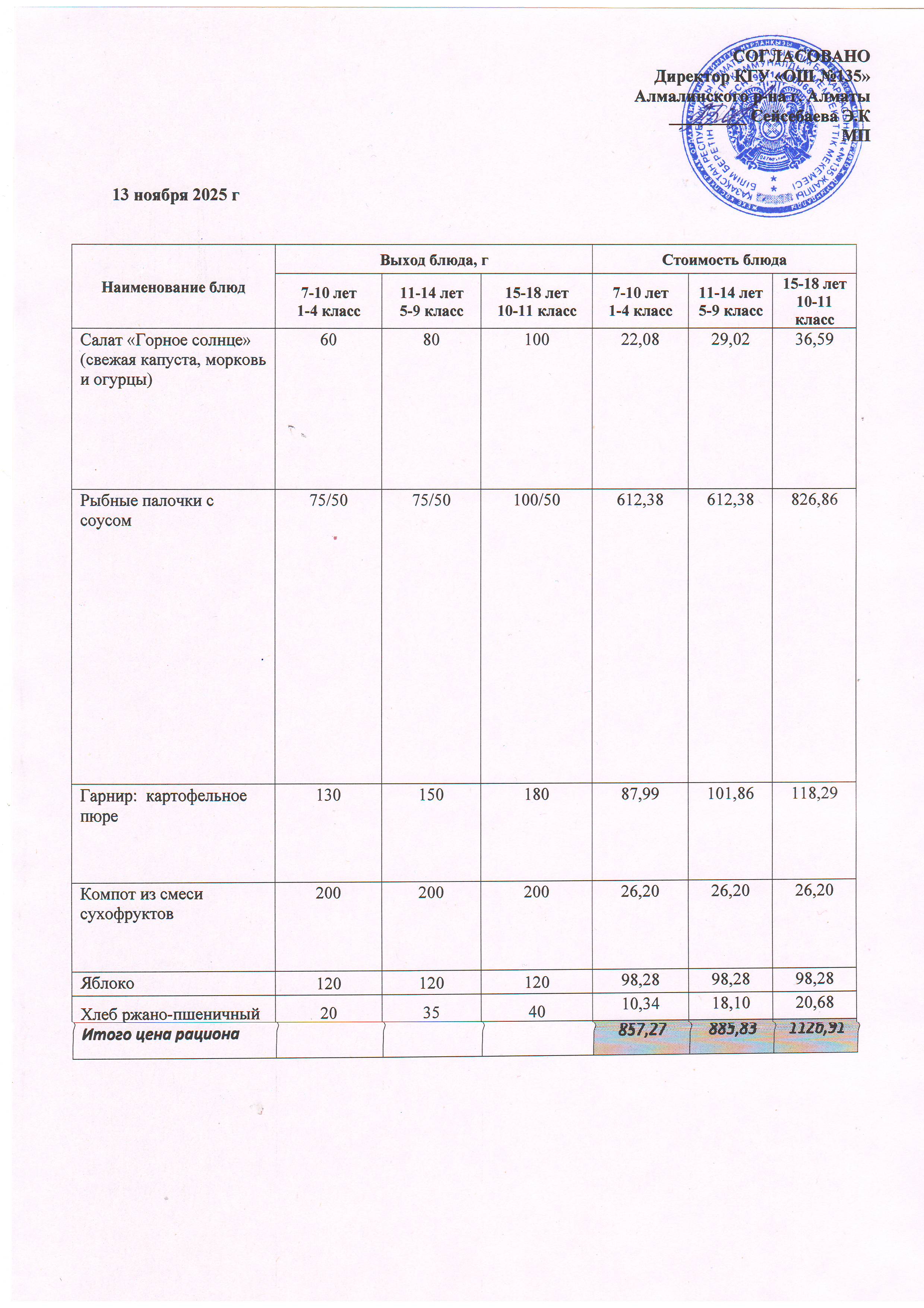 Ас мәзірі 13.11.2025