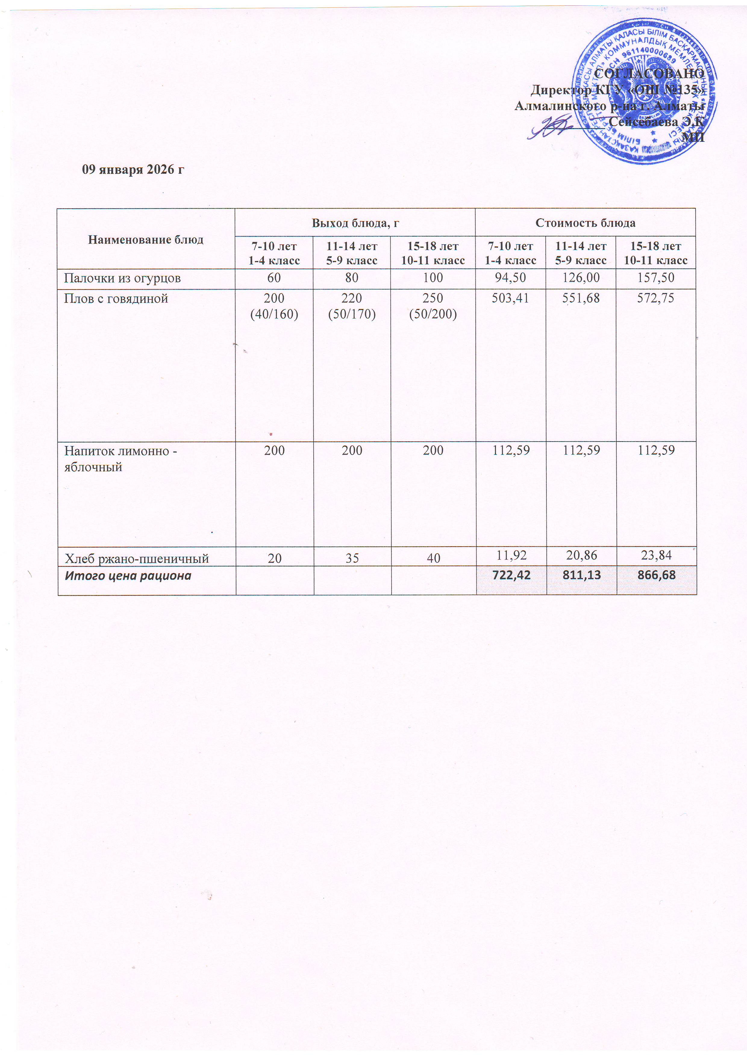 Ас мәзірі 09.01.2026